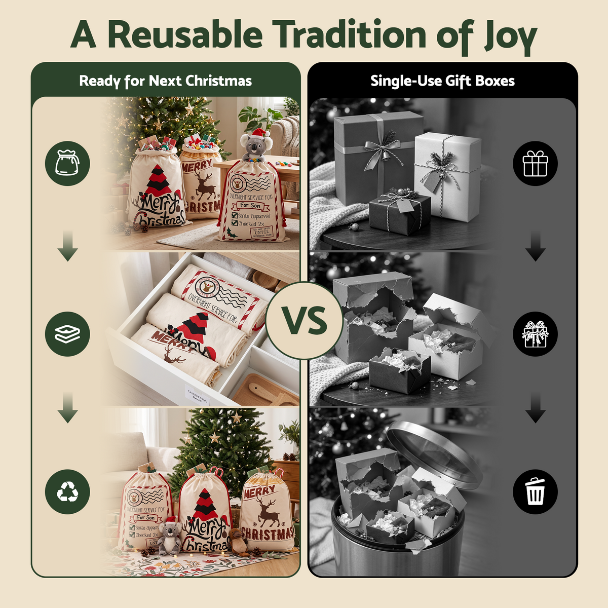 Jingle Jollys 3Pcs Christmas Santa Sacks Canvas Gift Bags Personalised Beige