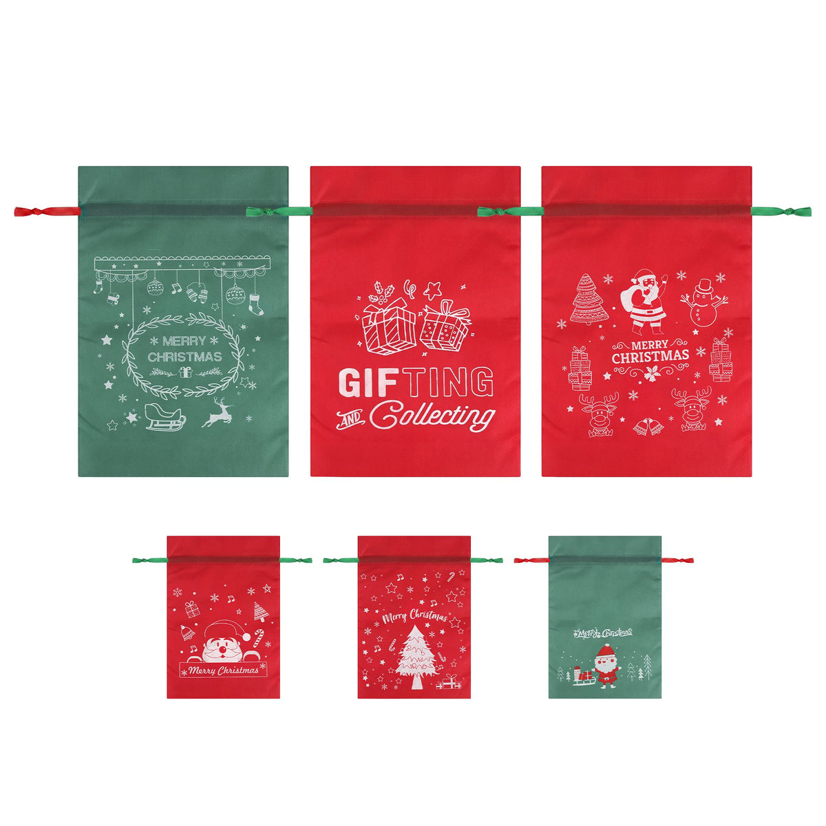 Jingle Jollys 6Pcs Christmas Santa Sacks Drawstring Gift Storage Bags Red Green