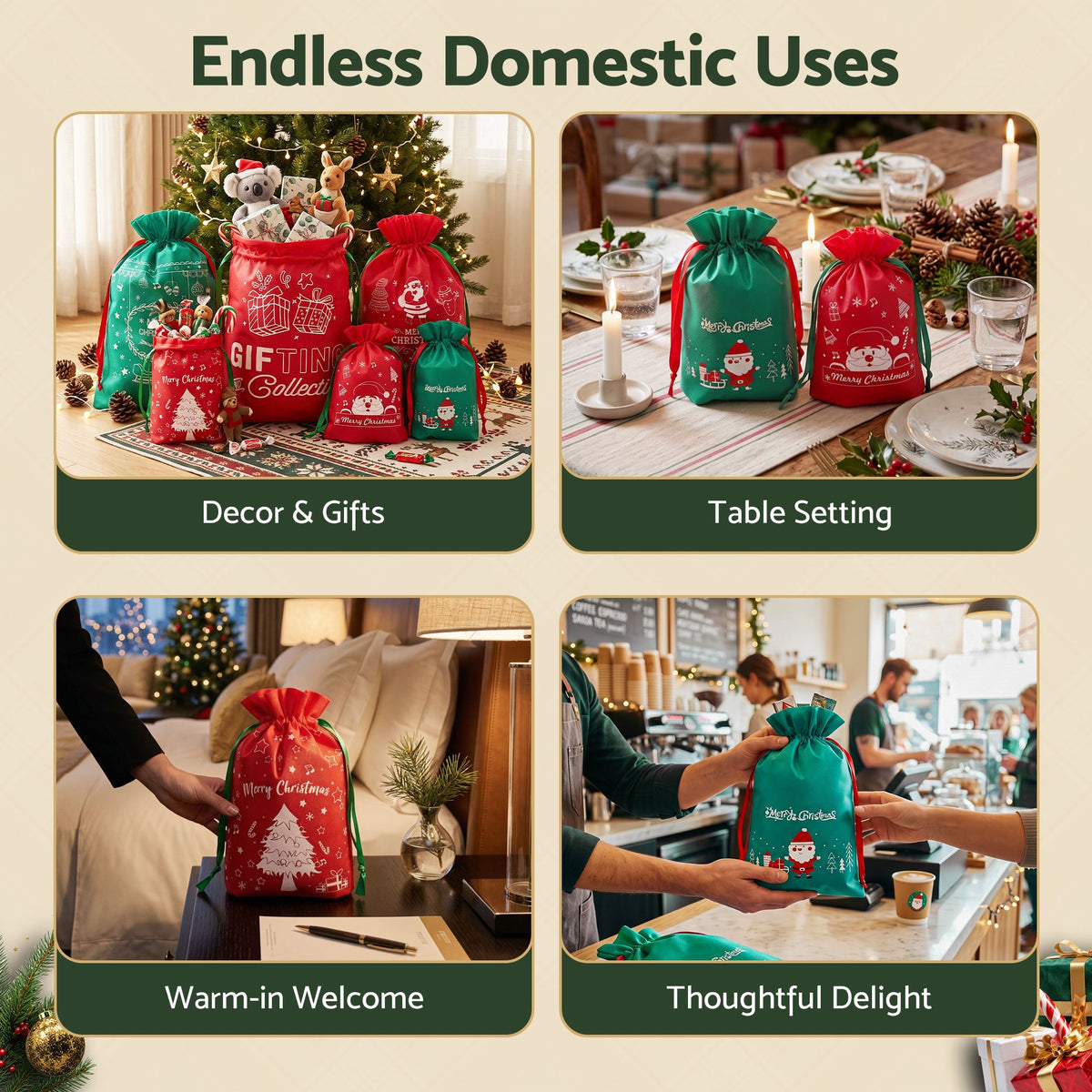 Jingle Jollys 6Pcs Christmas Santa Sacks Drawstring Gift Storage Bags Red Green