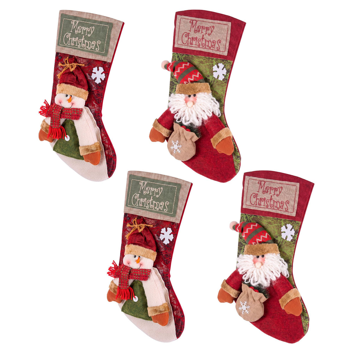 Jingle Jollys 4PCS Christmas Stockings Large 3D Plush Santa Snowman 43.5cm Decor