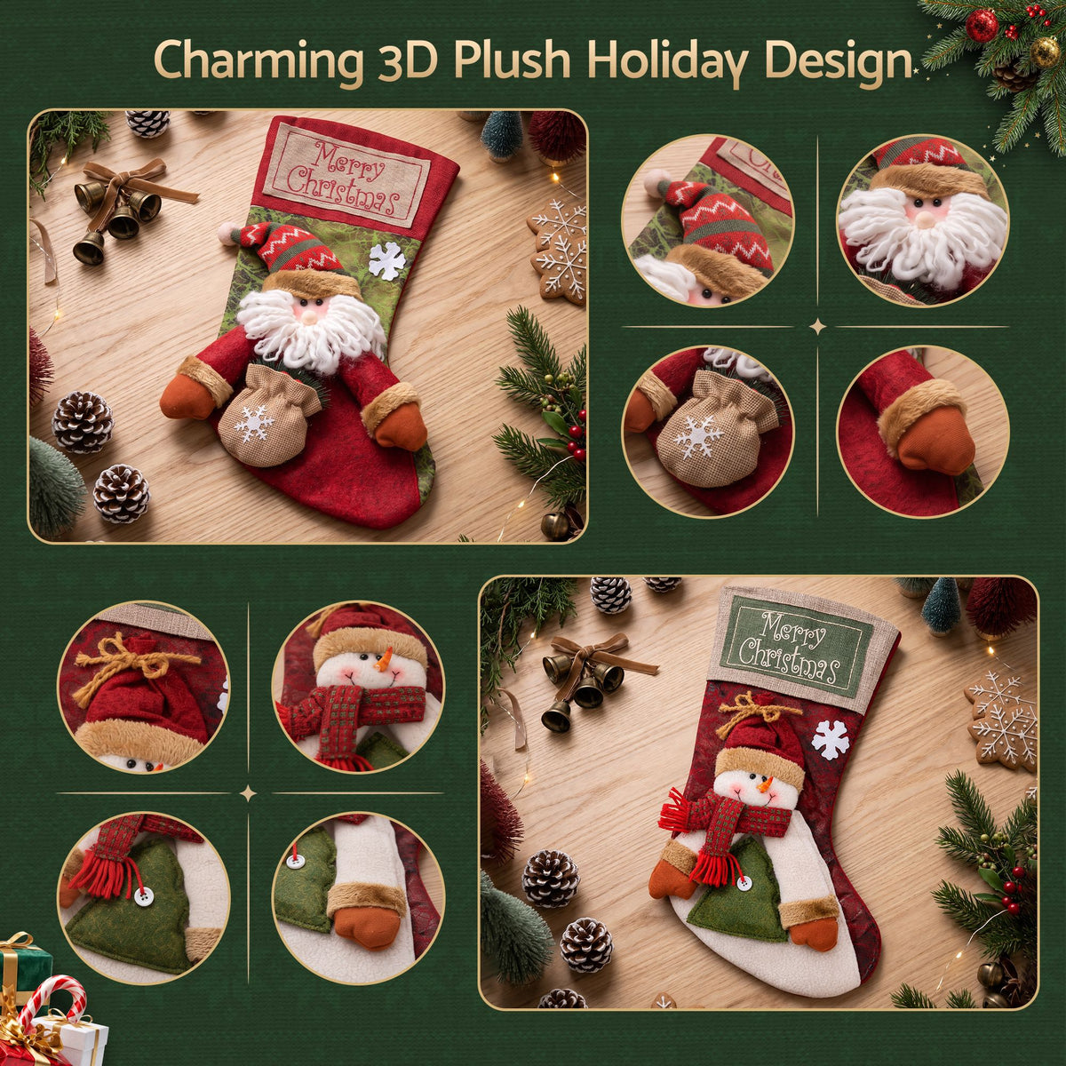 Jingle Jollys 4PCS Christmas Stockings Large 3D Plush Santa Snowman 43.5cm Decor