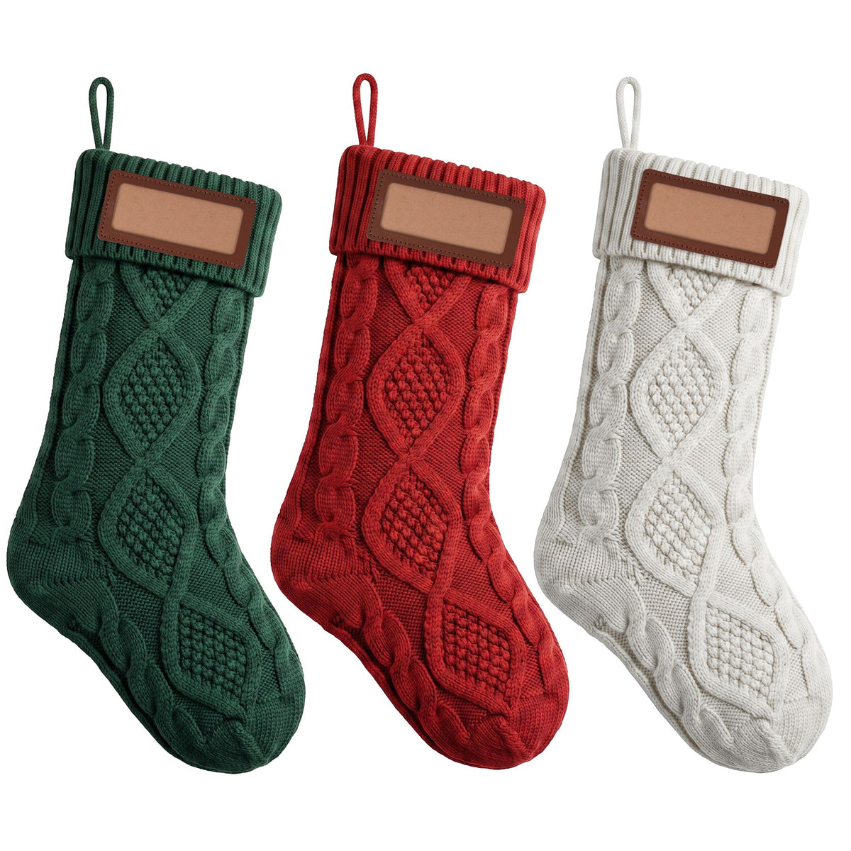Jingle Jollys 3PCS Personalized Christmas Stockings Leather Patches 16 Inch Knit