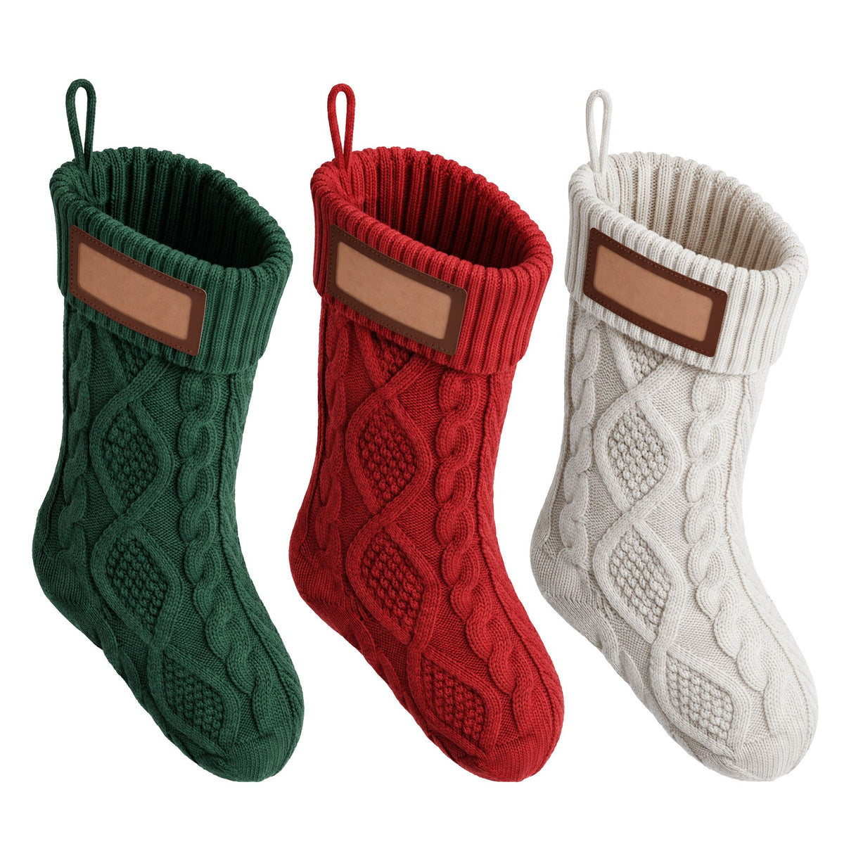 Jingle Jollys 3PCS Personalized Christmas Stockings Leather Patches 16 Inch Knit