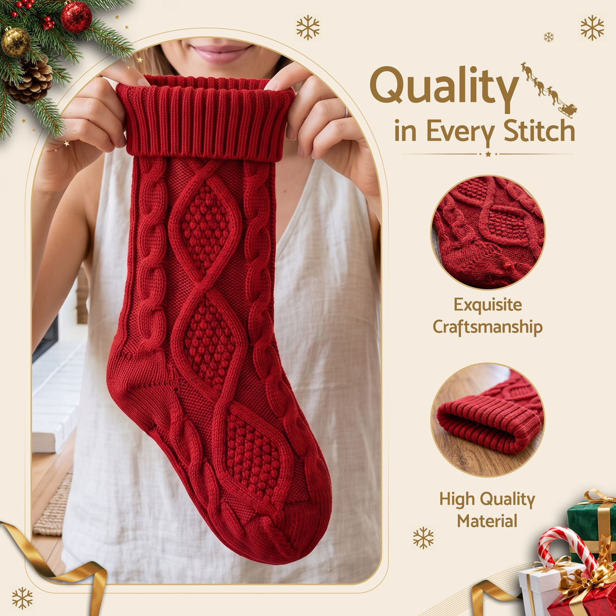 Jingle Jollys 3PCS Personalized Christmas Stockings Leather Patches 16 Inch Knit
