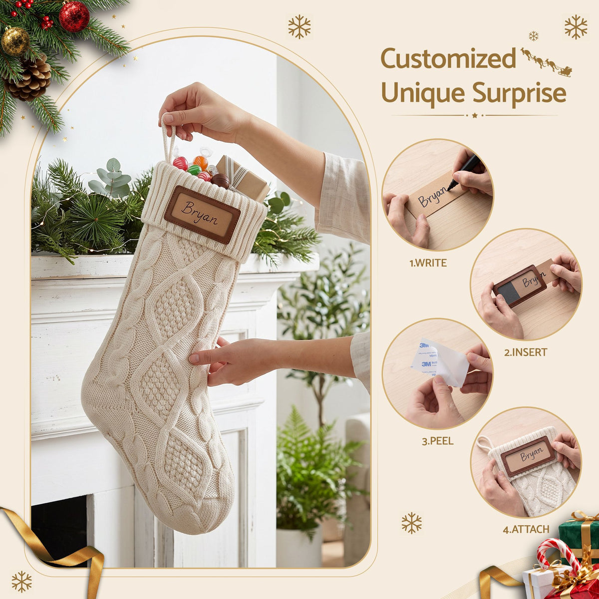 Jingle Jollys 3PCS Personalized Christmas Stockings Leather Patches 16 Inch Knit