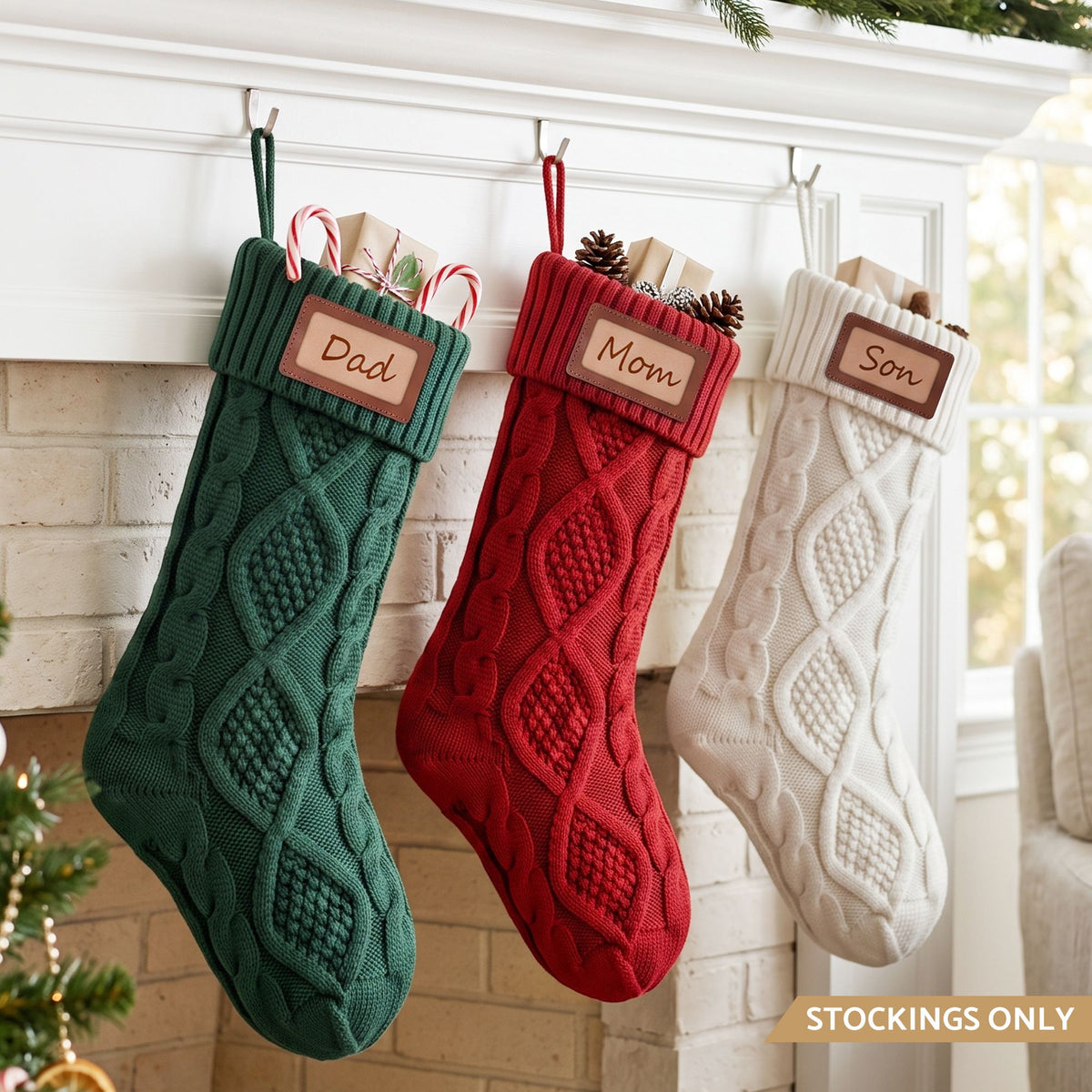 Jingle Jollys 3PCS Personalized Christmas Stockings Leather Patches 16 Inch Knit