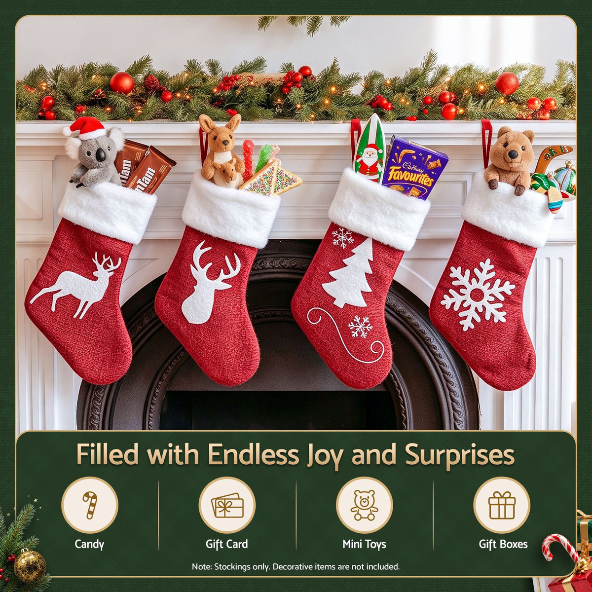 Jingle Jollys 4 Pack Large Velvet Christmas Stockings 46.5cm Red White Fireplace