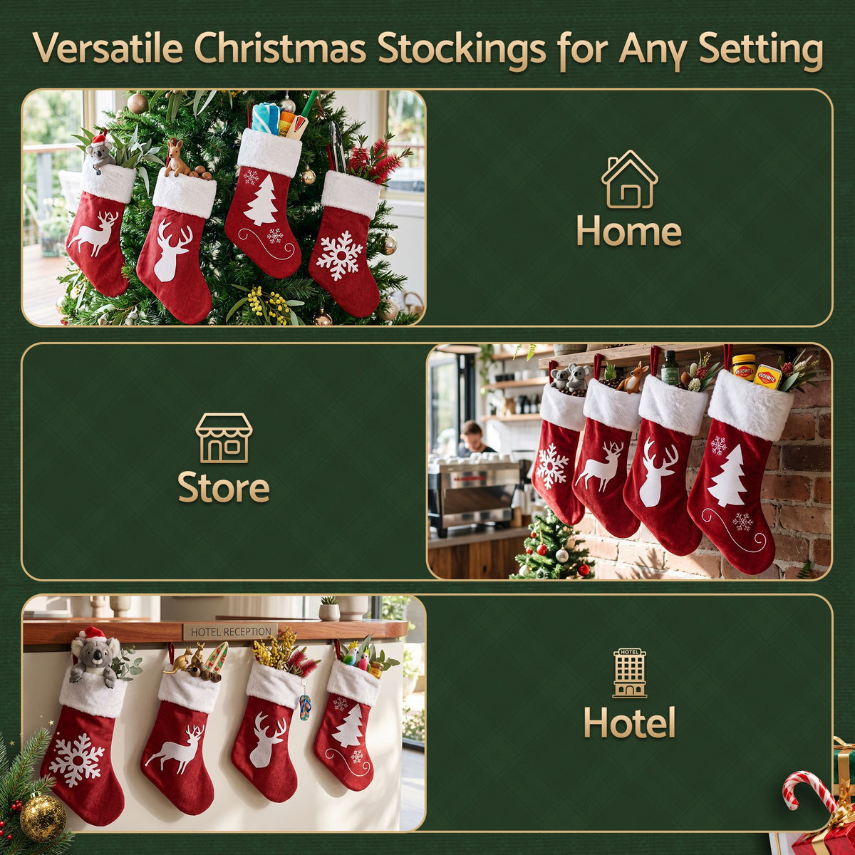 Jingle Jollys 4 Pack Large Velvet Christmas Stockings 46.5cm Red White Fireplace
