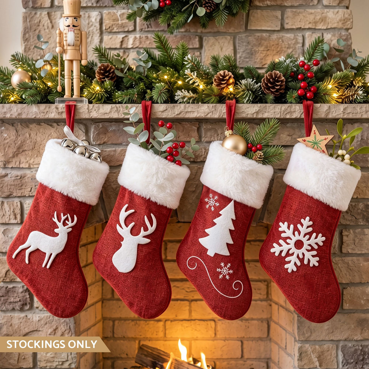 Jingle Jollys 4 Pack Large Velvet Christmas Stockings 46.5cm Red White Fireplace