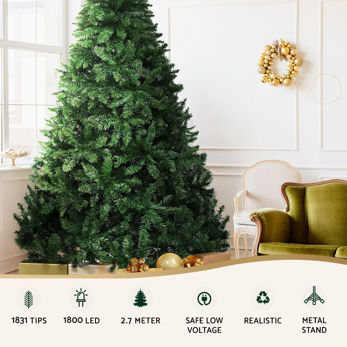 Jingle Jollys Christmas Tree 2.7m 1800 LEDs 1831 Tips 8 Light Modes