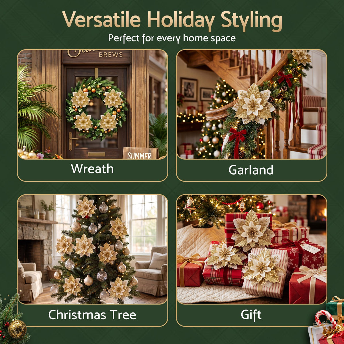 Jingle Jollys 10Pcs Christmas Tree Flower Garland Wreath Poinsettia Decorations