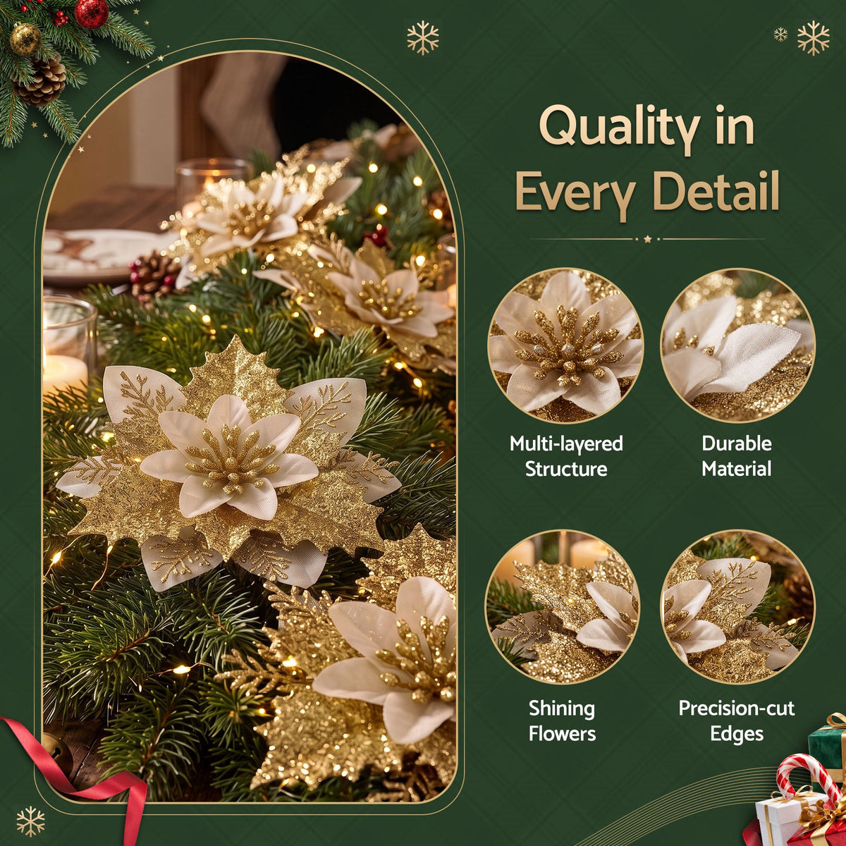Jingle Jollys 10Pcs Christmas Tree Flower Garland Wreath Poinsettia Decorations