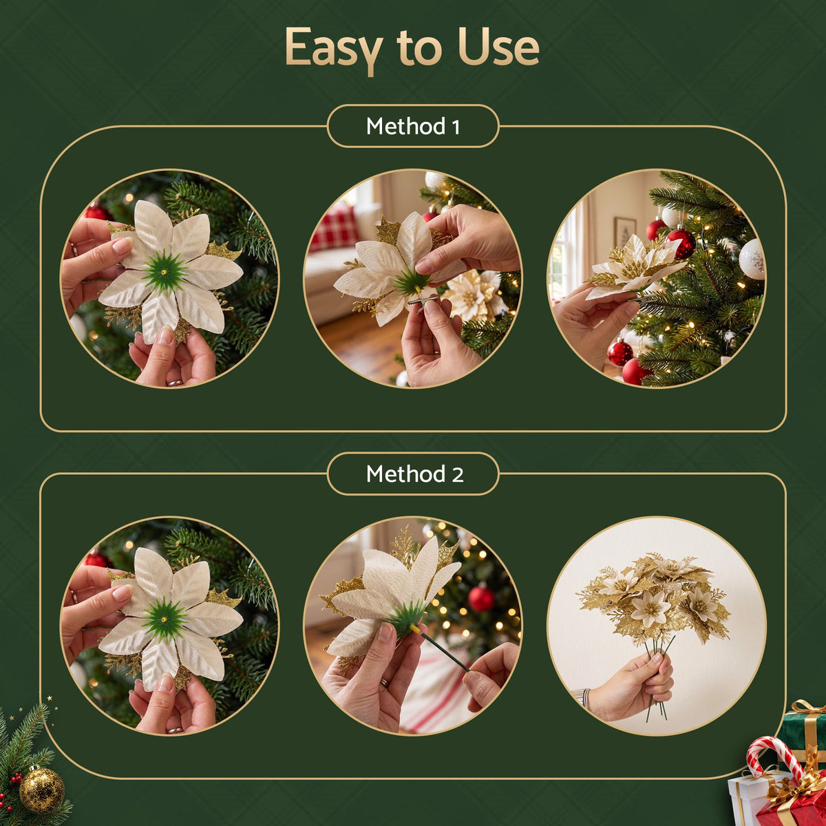 Jingle Jollys 10Pcs Christmas Tree Flower Garland Wreath Poinsettia Decorations