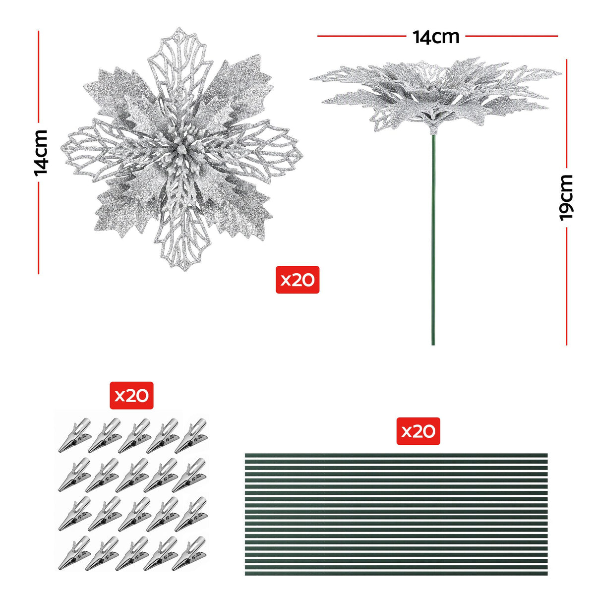 Jingle Jollys 20Pcs Christmas Tree Flower Garland Wreath Poinsettia Decorations