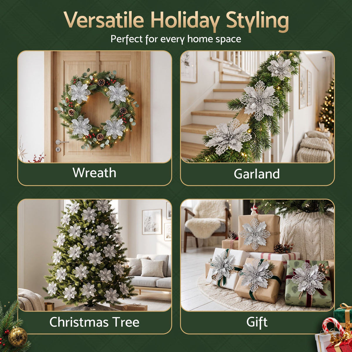 Jingle Jollys 20Pcs Christmas Tree Flower Garland Wreath Poinsettia Decorations