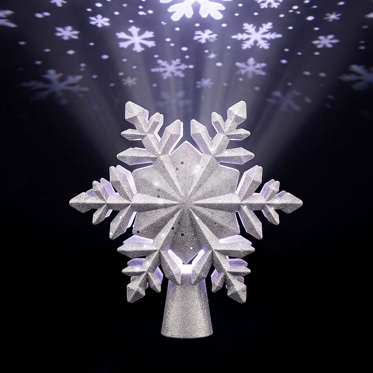 Jingle Jollys Christmas Tree Topper 360 Snowflake Projector Silver Glitter