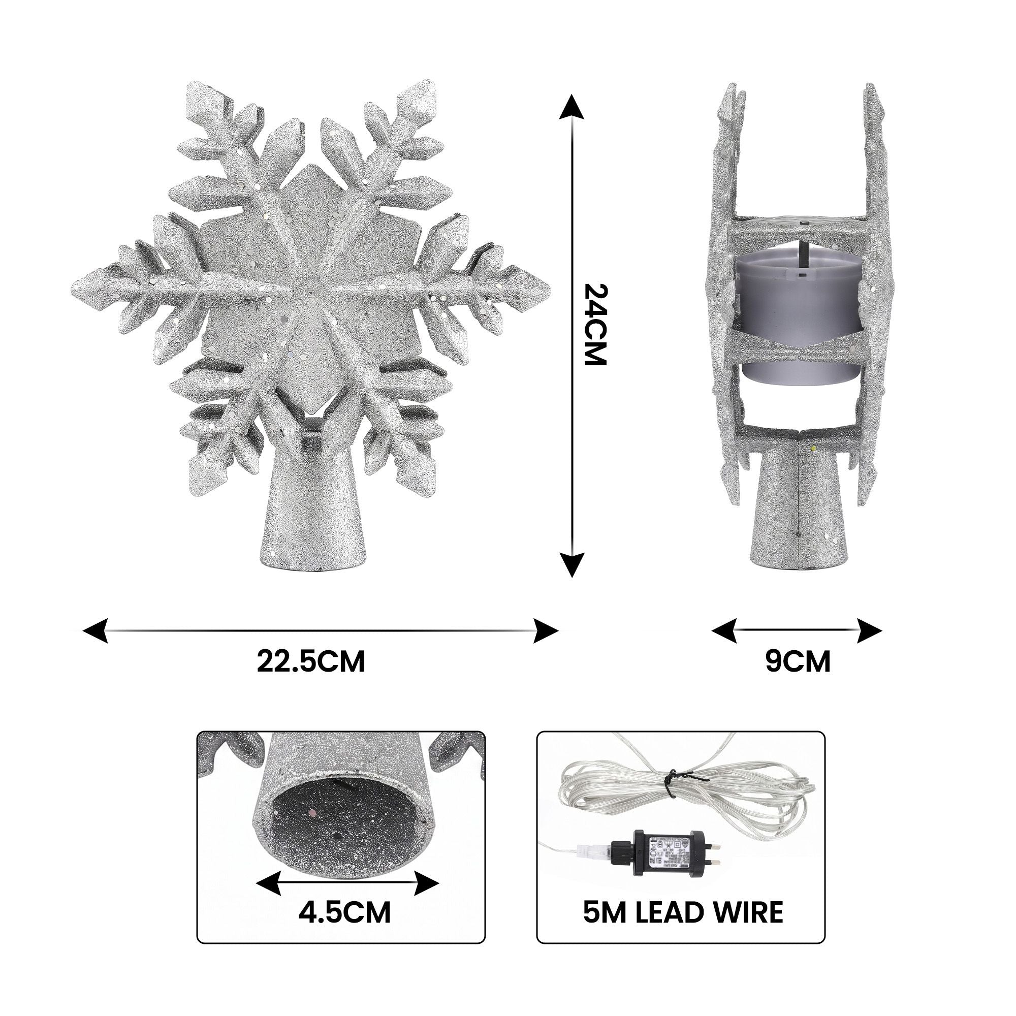Jingle Jollys Christmas Tree Topper 360 Snowflake Projector Silver Glitter