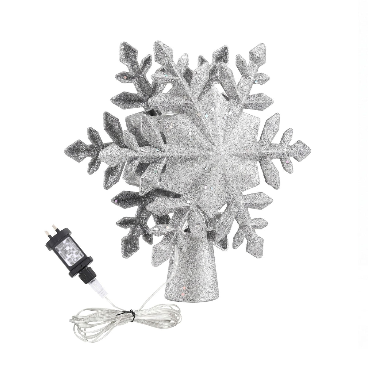 Jingle Jollys Christmas Tree Topper 360 Snowflake Projector Silver Glitter