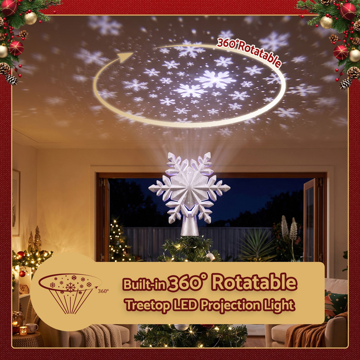 Jingle Jollys Christmas Tree Topper 360 Snowflake Projector Silver Glitter