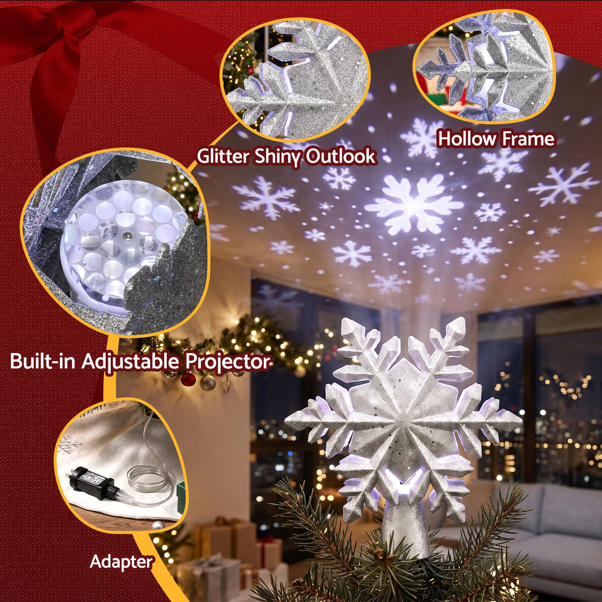 Jingle Jollys Christmas Tree Topper 360 Snowflake Projector Silver Glitter