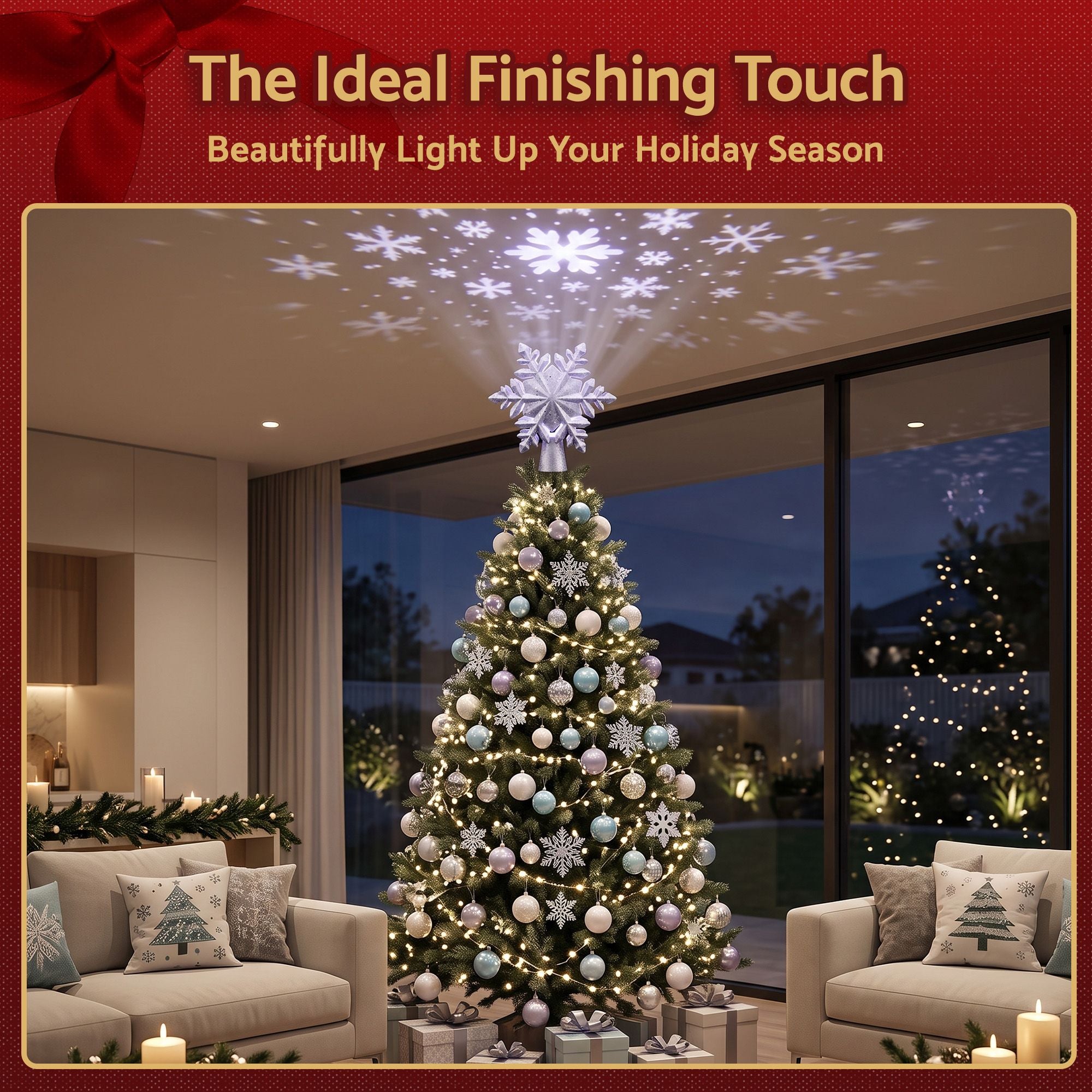 Jingle Jollys Christmas Tree Topper 360 Snowflake Projector Silver Glitter