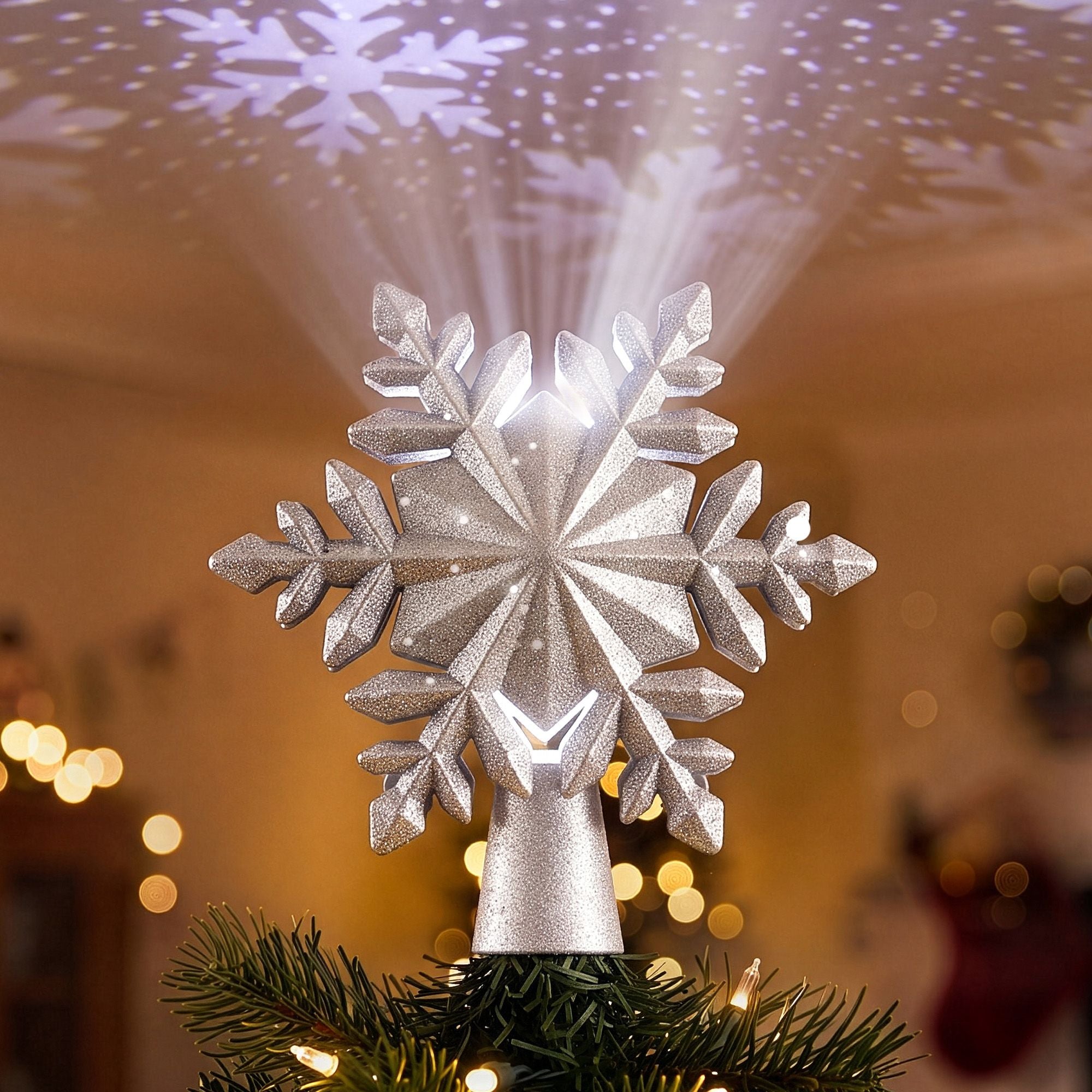 Jingle Jollys Christmas Tree Topper 360 Snowflake Projector Silver Glitter