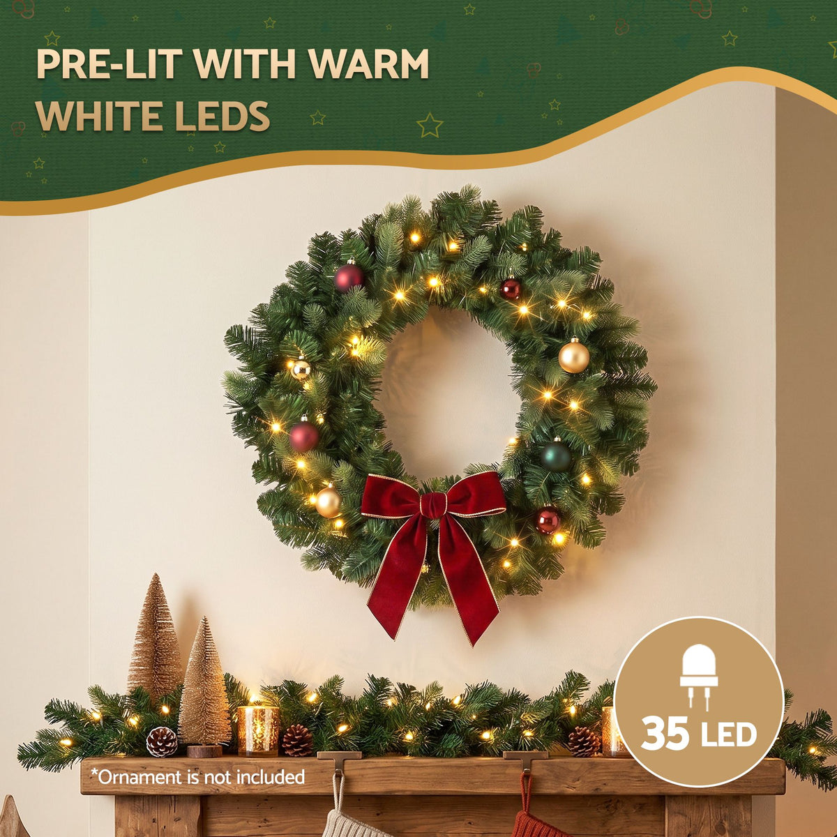 Jingle Jollys 60cm Pre-Lit Christmas Wreath Garland Warm White LED Battery Timer