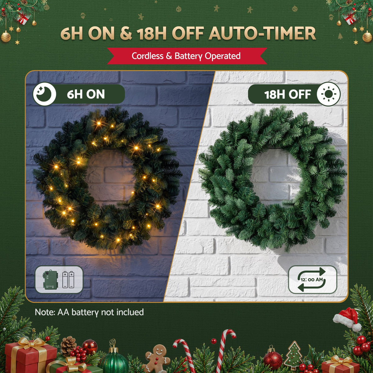 Jingle Jollys 60cm Pre-Lit Christmas Wreath Garland Warm White LED Battery Timer