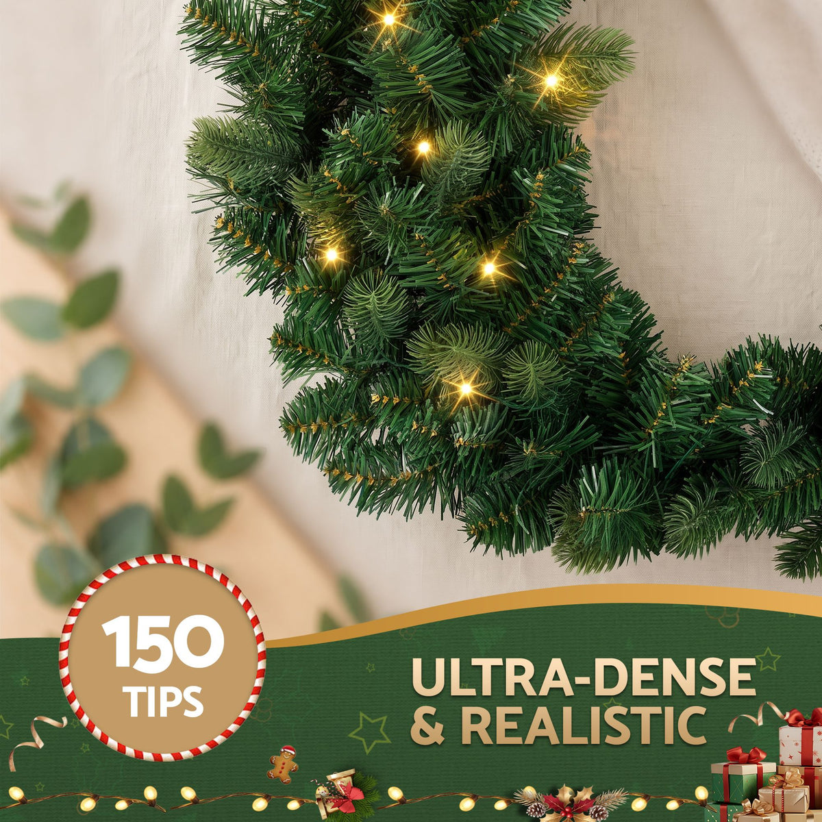 Jingle Jollys 60cm Pre-Lit Christmas Wreath Garland Warm White LED Battery Timer