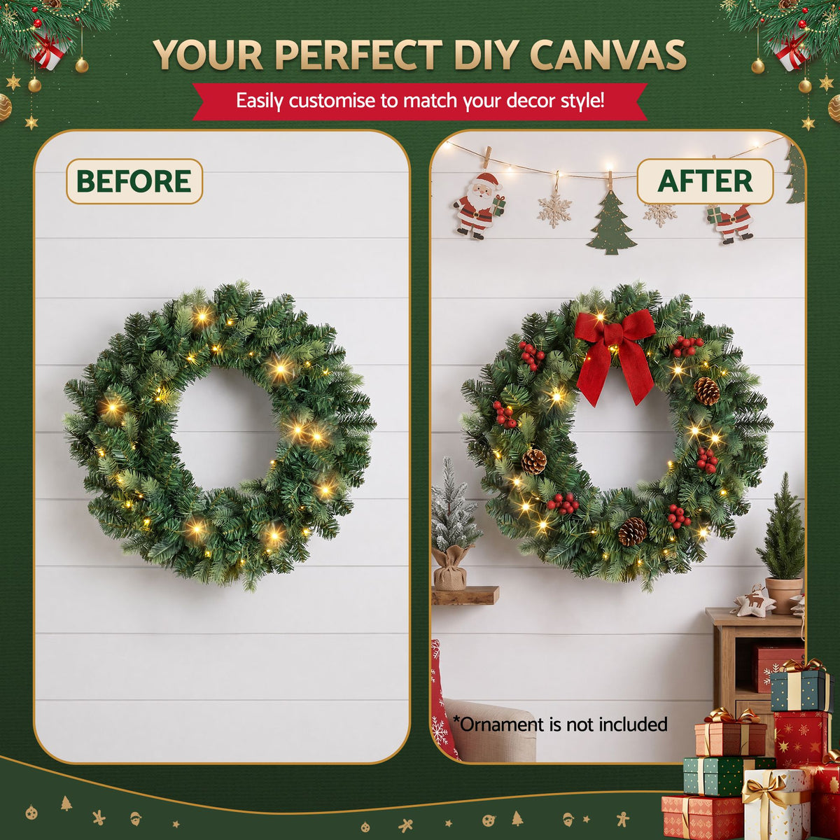 Jingle Jollys 60cm Pre-Lit Christmas Wreath Garland Warm White LED Battery Timer