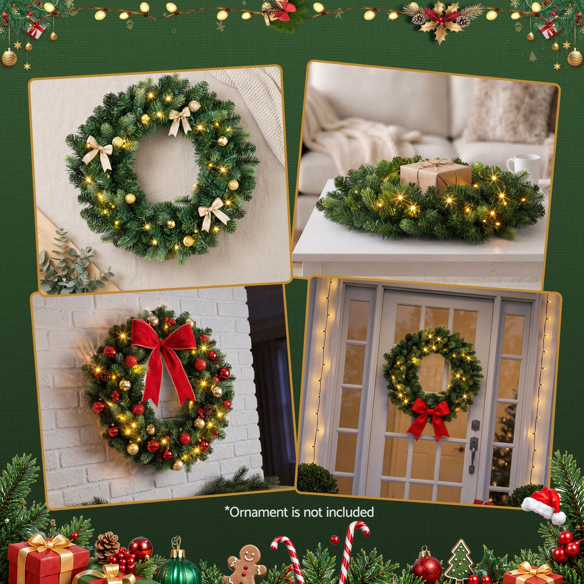 Jingle Jollys 60cm Pre-Lit Christmas Wreath Garland Warm White LED Battery Timer