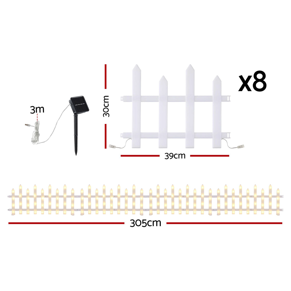 Jingle Jollys 3m Solar Christmas Fence Lights Outdoor Garden Path Warm White 8pc