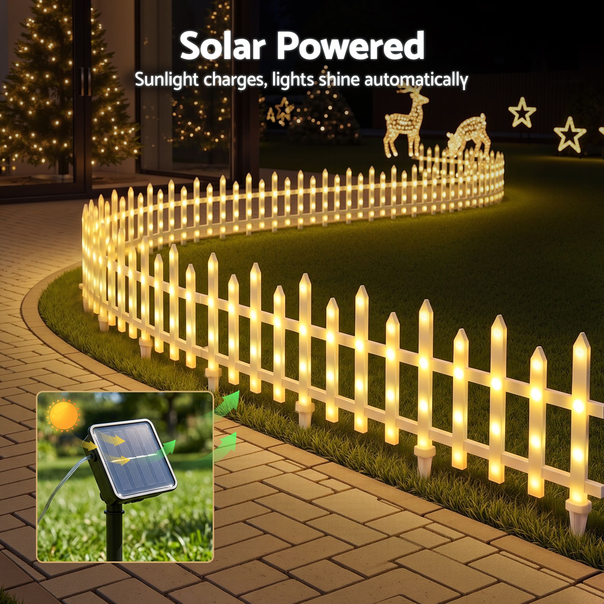 Jingle Jollys 3m Solar Christmas Fence Lights Outdoor Garden Path Warm White 8pc