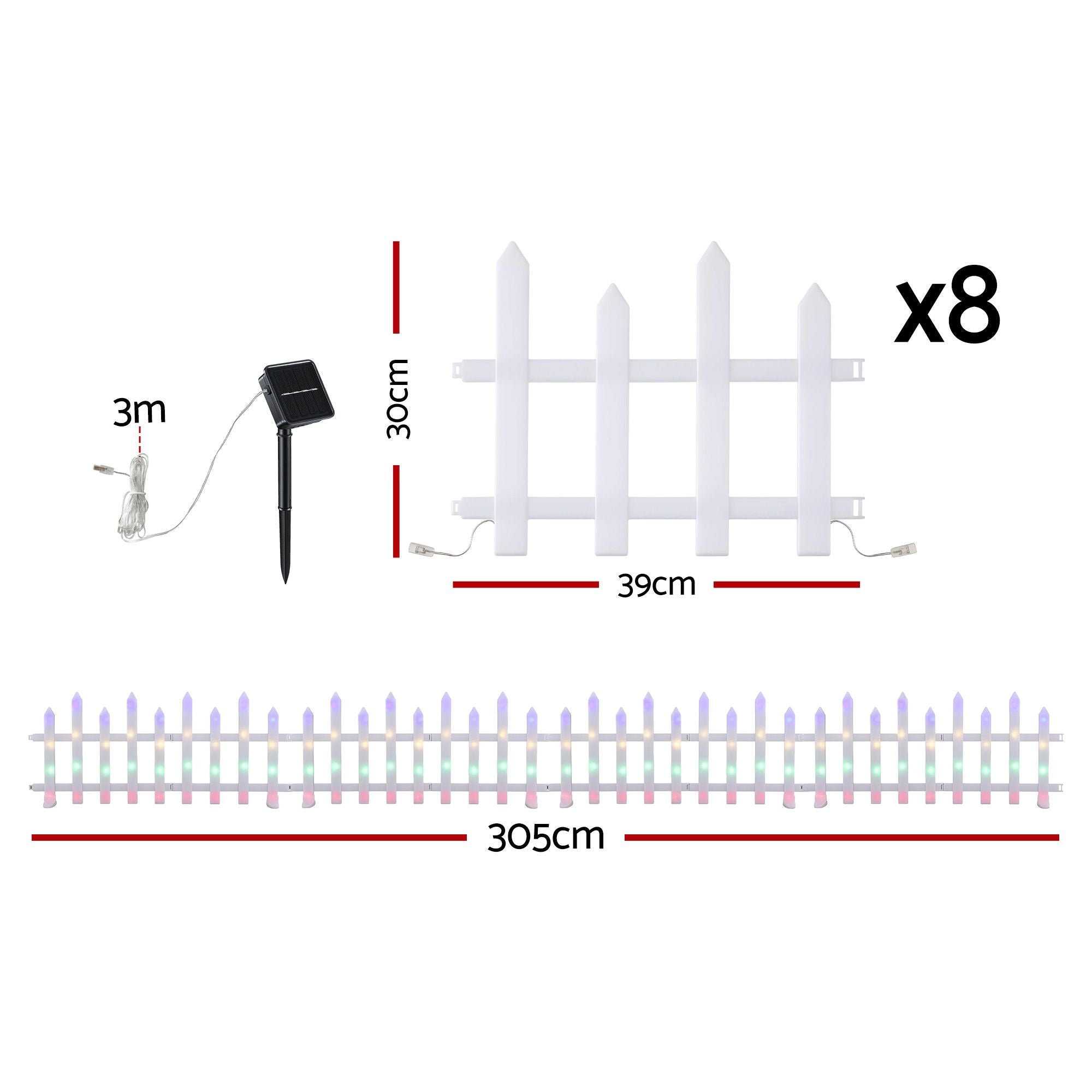 Jingle Jollys 3m Solar Christmas Fence Lights Garden Path Multicolour 8pc