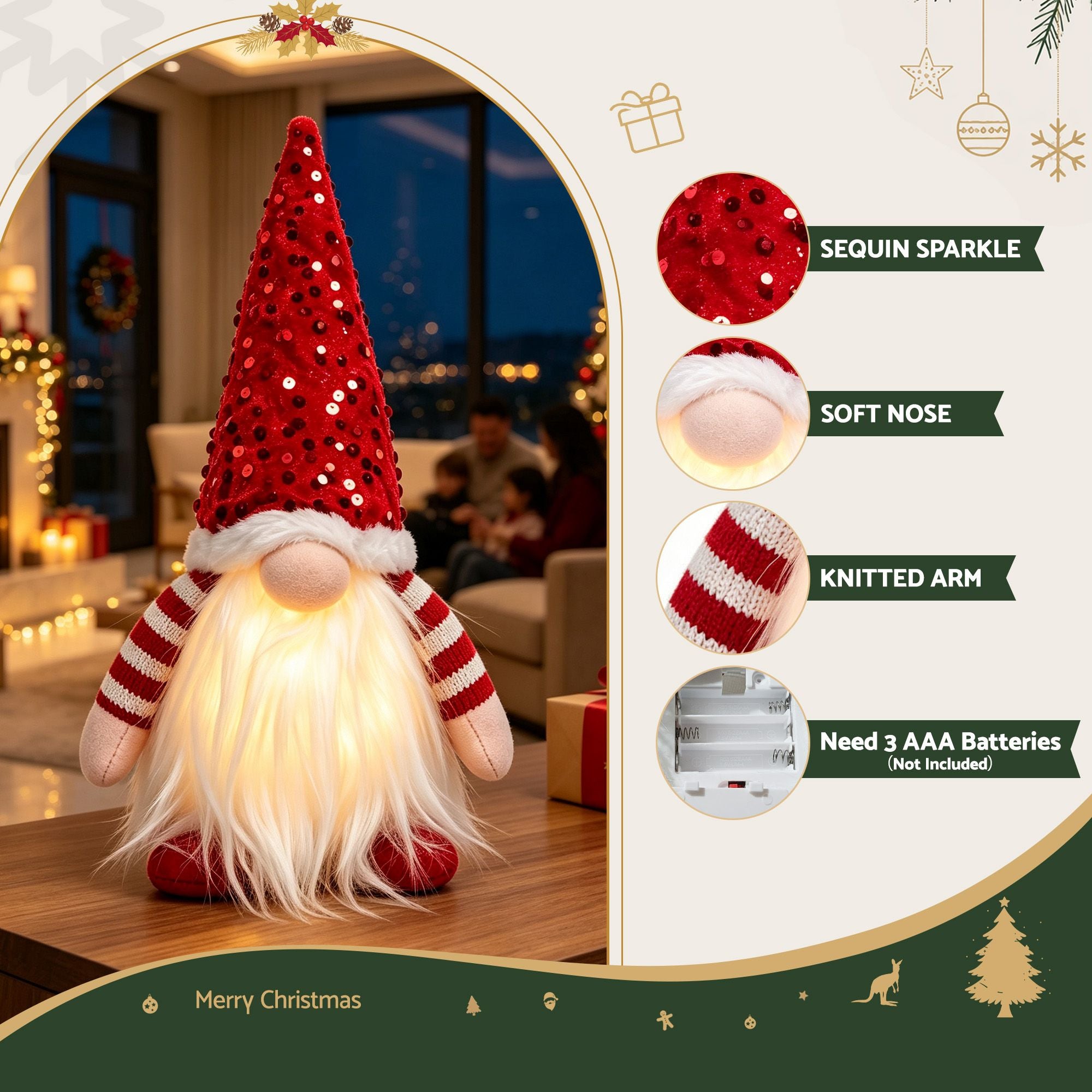 Jingle Jollys Christmas Gnomes Light Up Plush Goblin Set of 3 Warm White