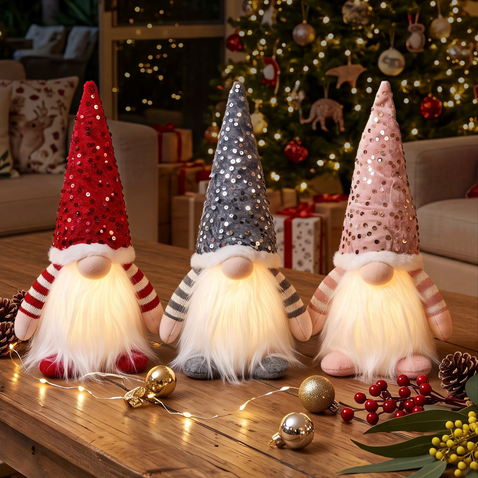 Jingle Jollys Christmas Gnomes Light Up Plush Goblin Set of 3 Warm White