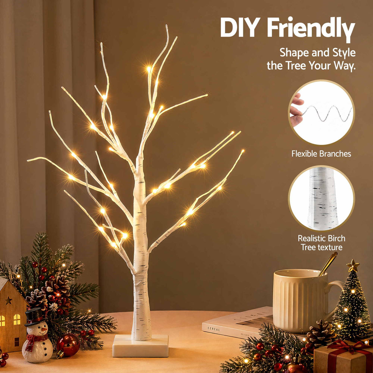 Jingle Jollys Lighted Branch Tree Christmas Decorations Warm White 2 Pack 60cm