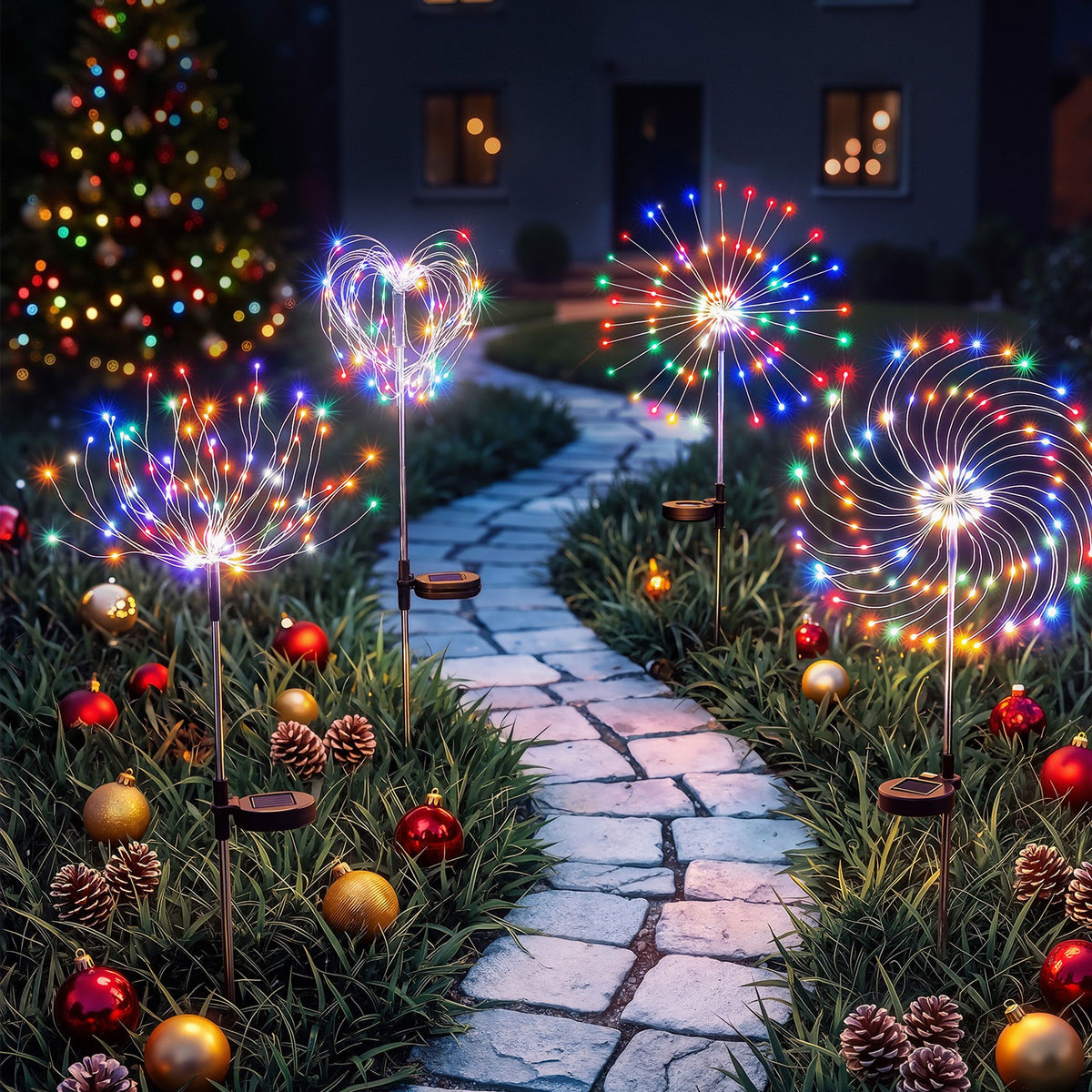 Jingle Jollys 4 Pack Christmas Path Lights Solar Firework Garden Multicolour