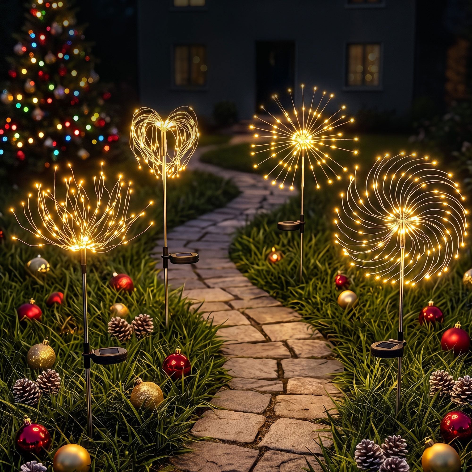 Jingle Jollys 4 Pack Christmas Lights Solar Firework Outdoor Garden Warm White