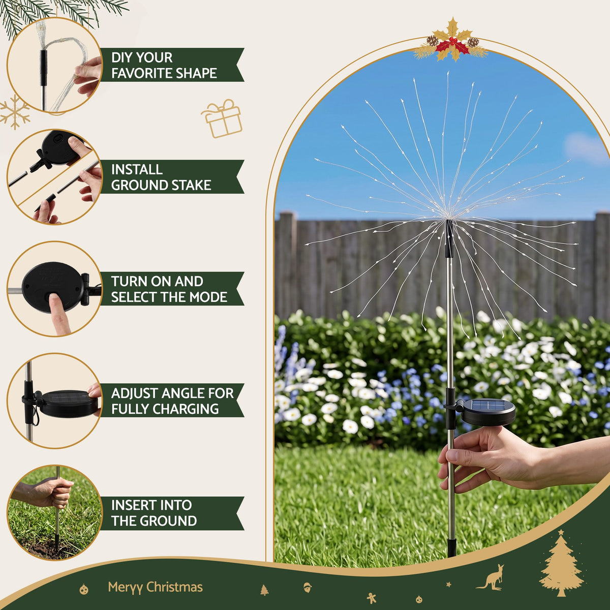 Jingle Jollys 4 Pack Christmas Lights Solar Firework Outdoor Garden Warm White
