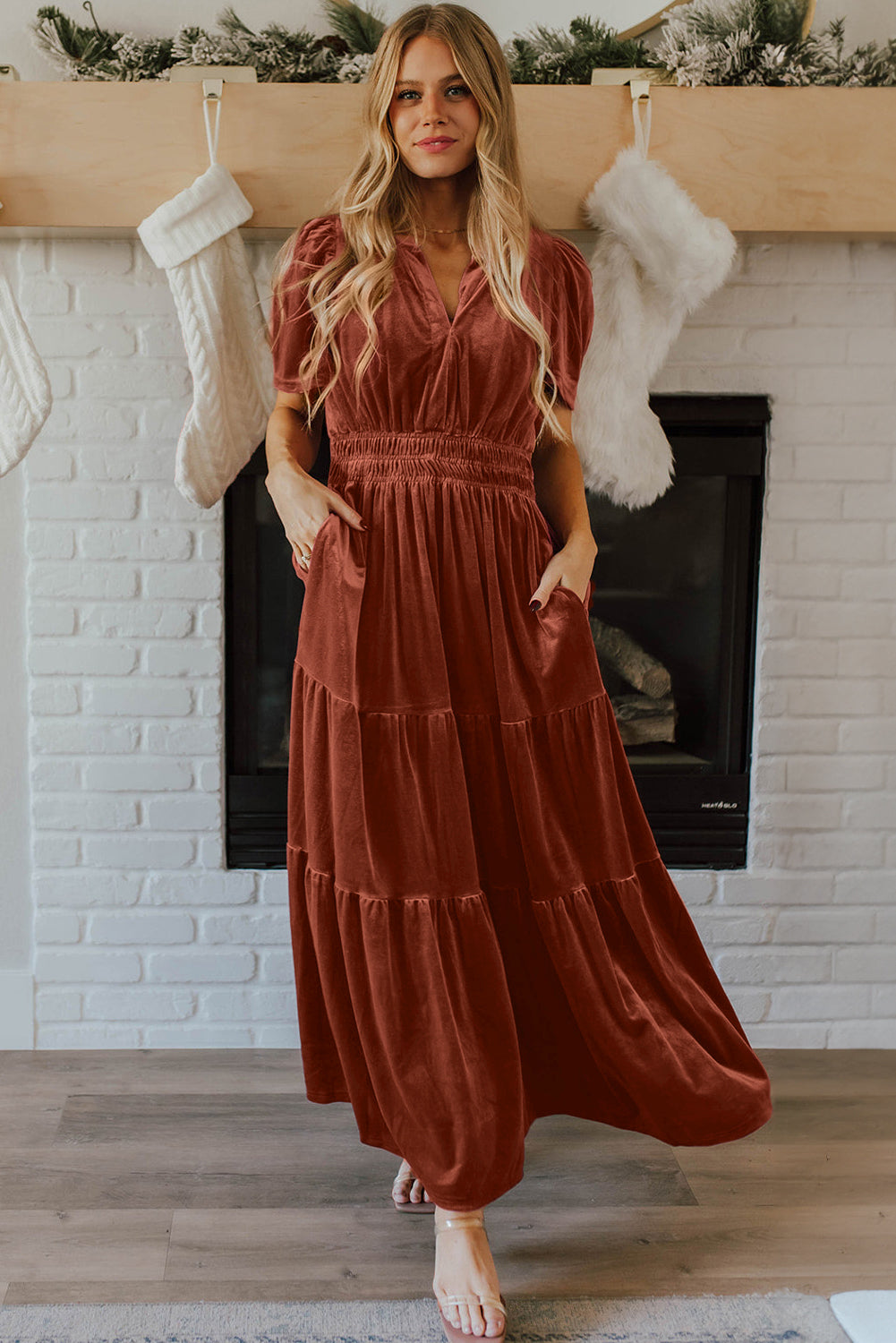 Red Dahlia Velvet Short Sleeve Shirred Waist TieredW omen’s Maxi Dress