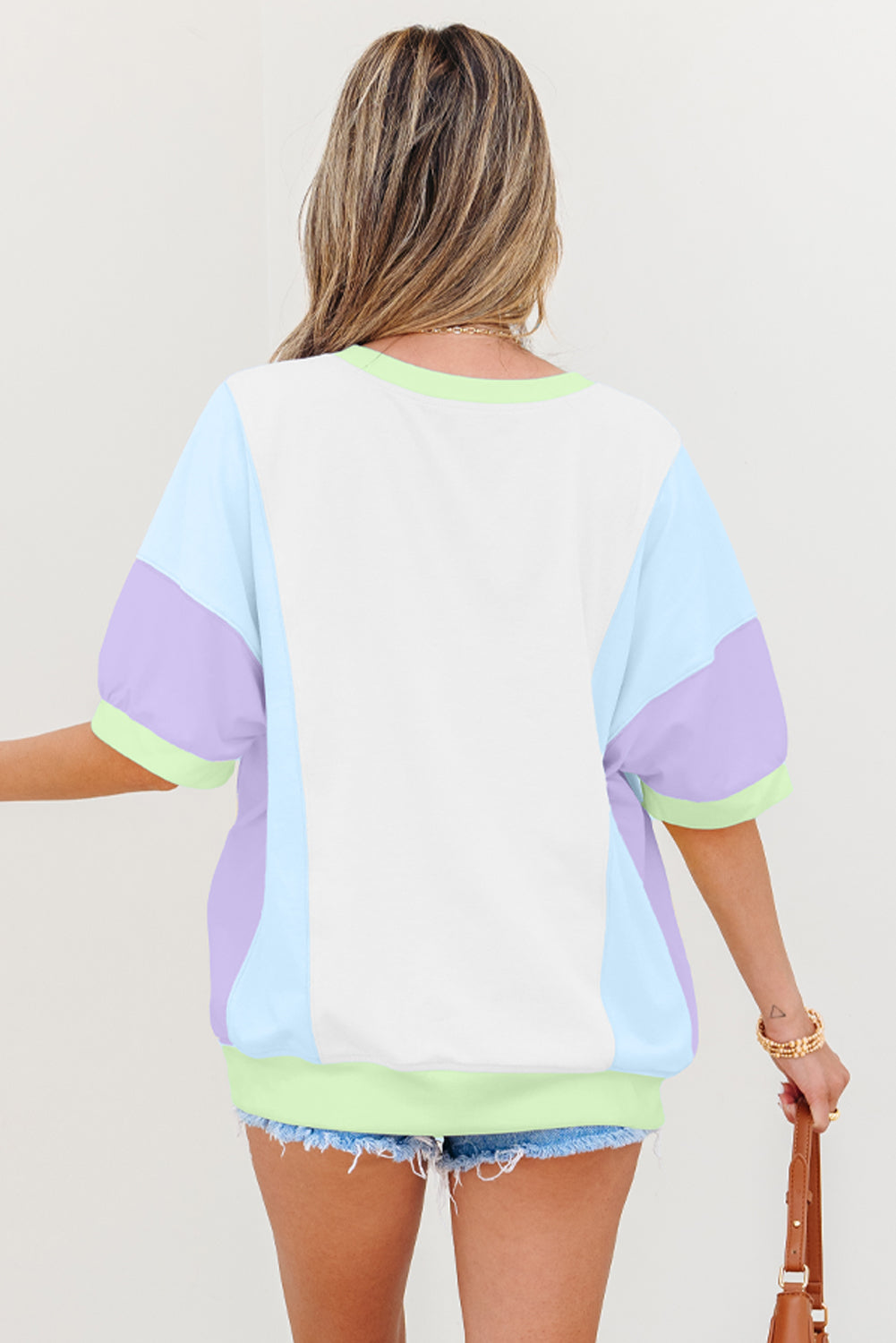 White Colour Block Patchwork Oversized T Shirt with Half Sleeves for Women