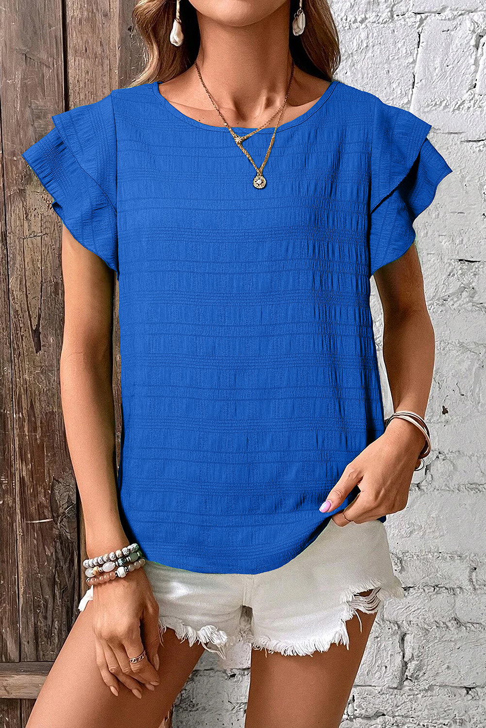 Dark Blue Textured Round Neck Top with Ruffled Sleeves for Women