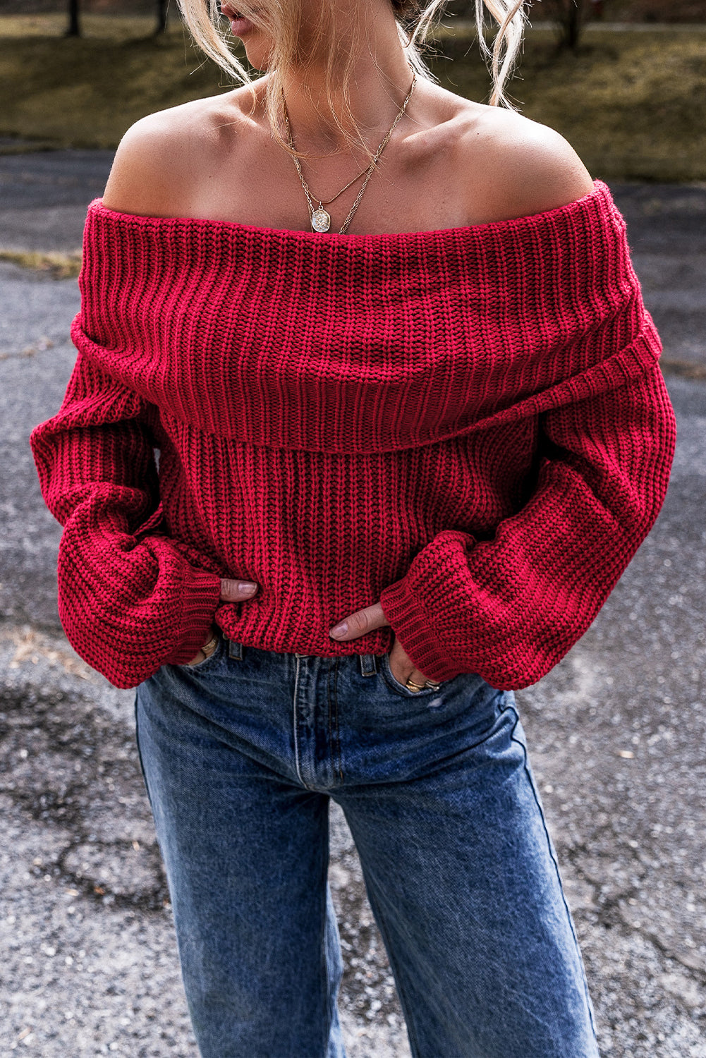 Racing Red Off the Shoulder Knit Sweater Women’s Casual Fall Winter Top