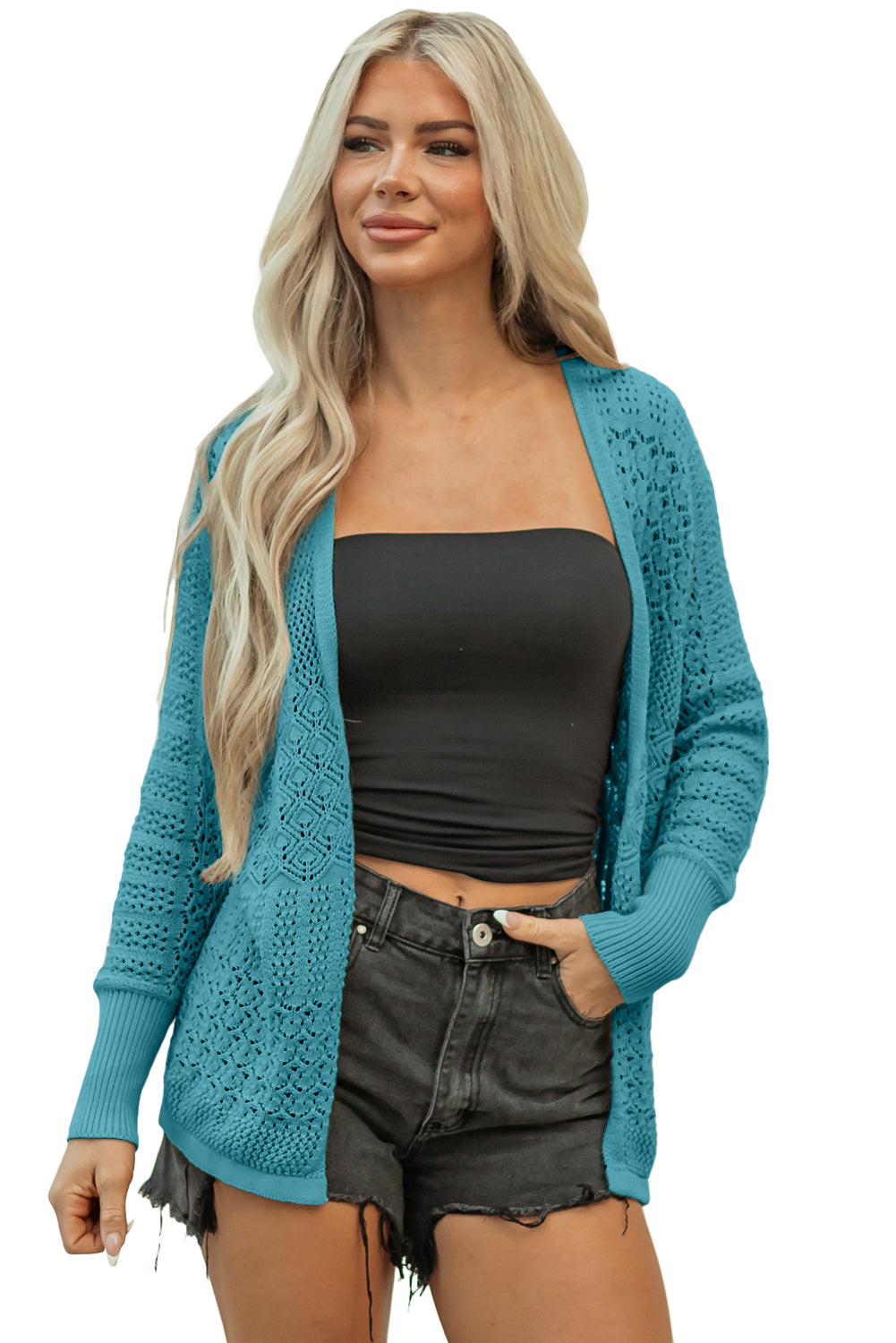 Lapis Mix Pattern Hollowed Knit Open Front Cardigan