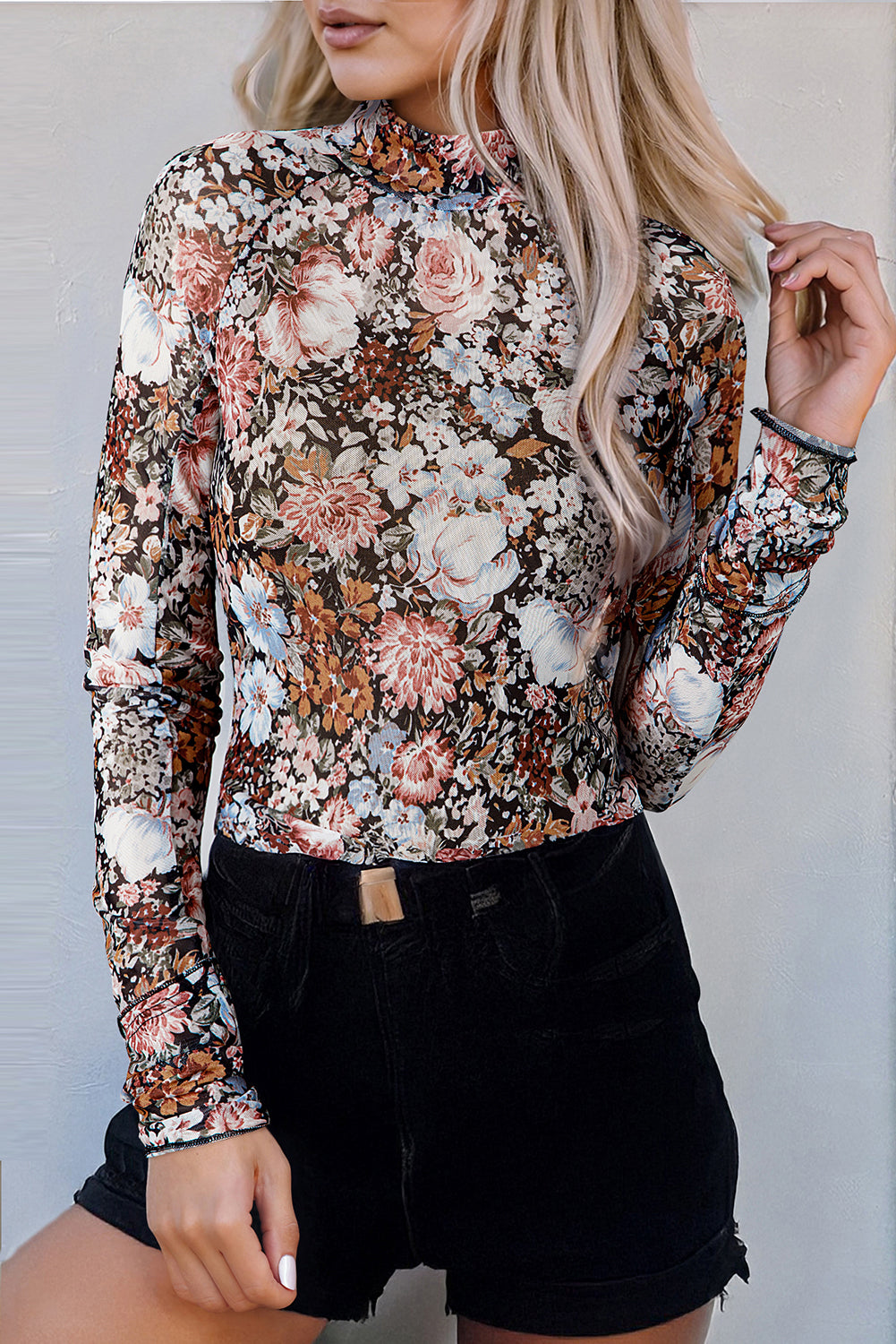 Women’s Pink Floral Mesh Sheath Top with Long Sleeves and High Neck