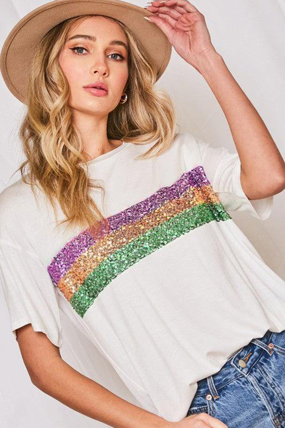 Black Sequin Stripes Patchwork Mardi Gras Crew Neck Women’s T-Shirt