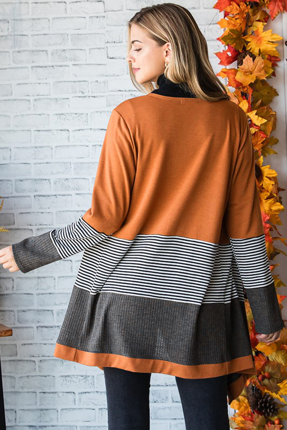 Orange Colourblock Striped Patchwork Open Cardigan Women’s Casual Knitwear