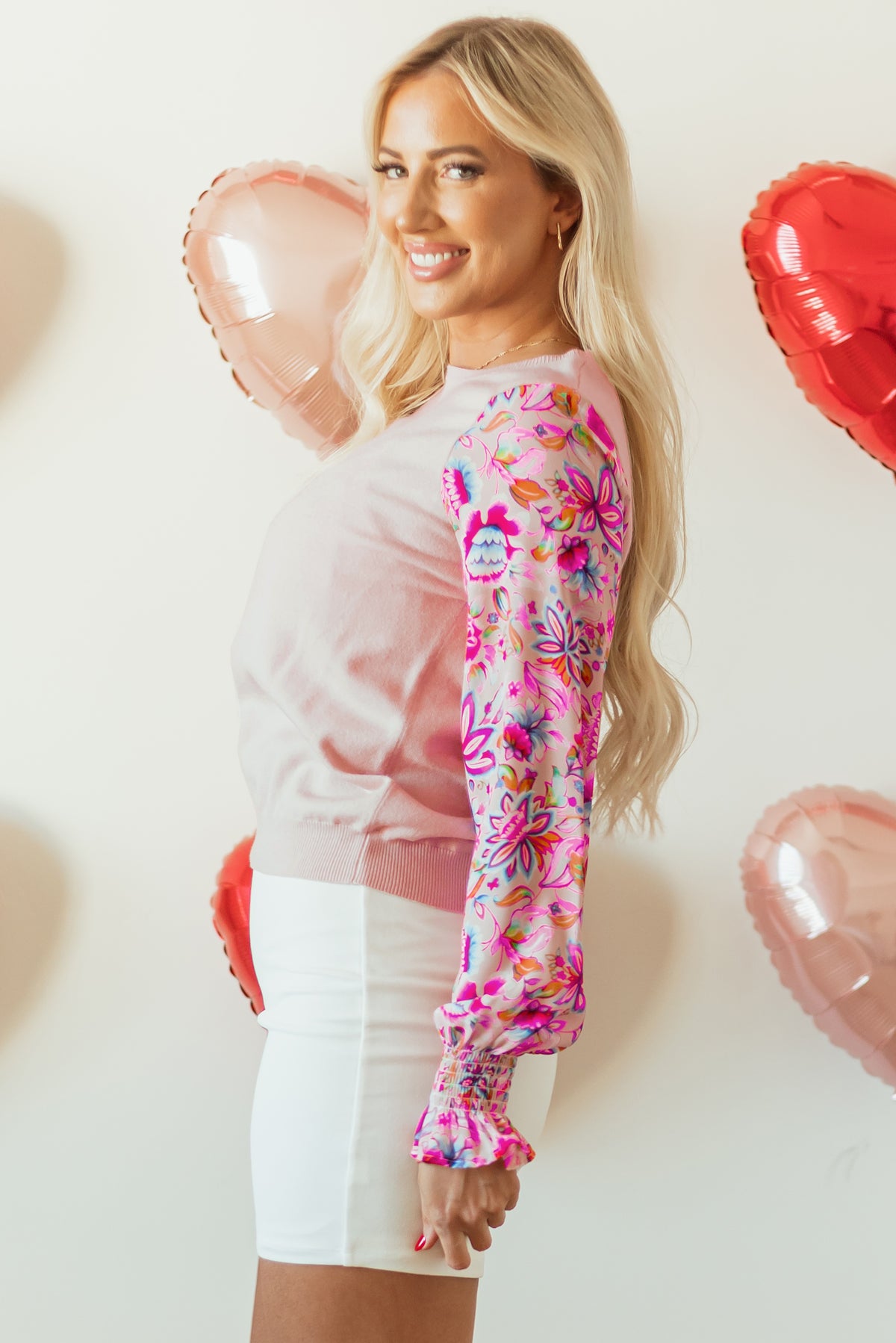 Oatmeal Floral Patchwork Smocked Lantern Sleeve Knit Top Casual Women’s Top