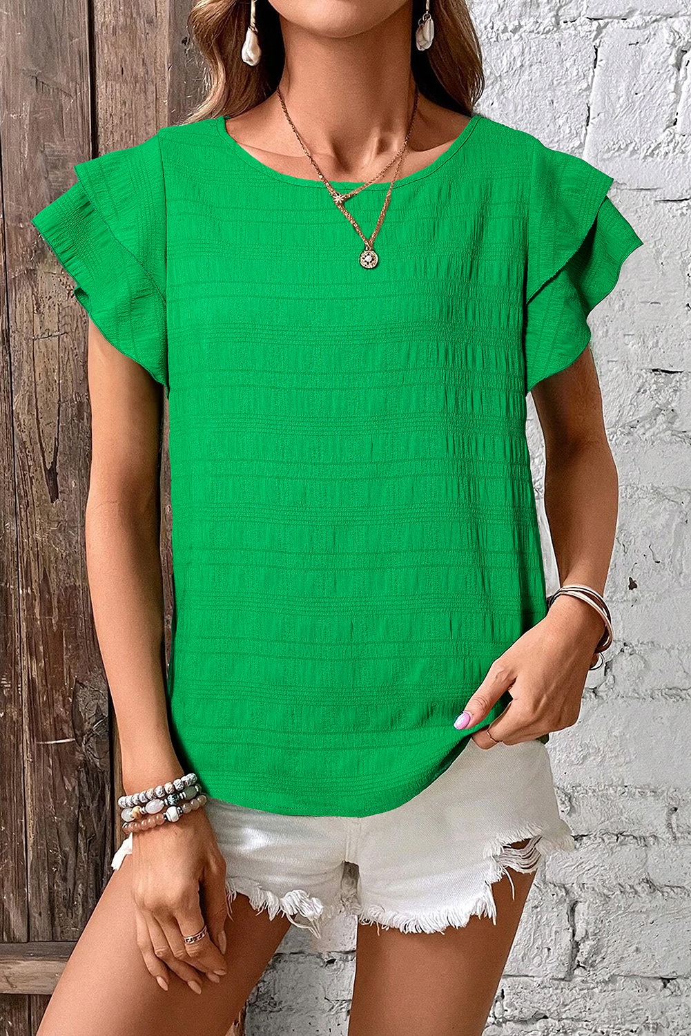 Women’s Dark Green Textured Top with Ruffled Sleeves and Round Neck